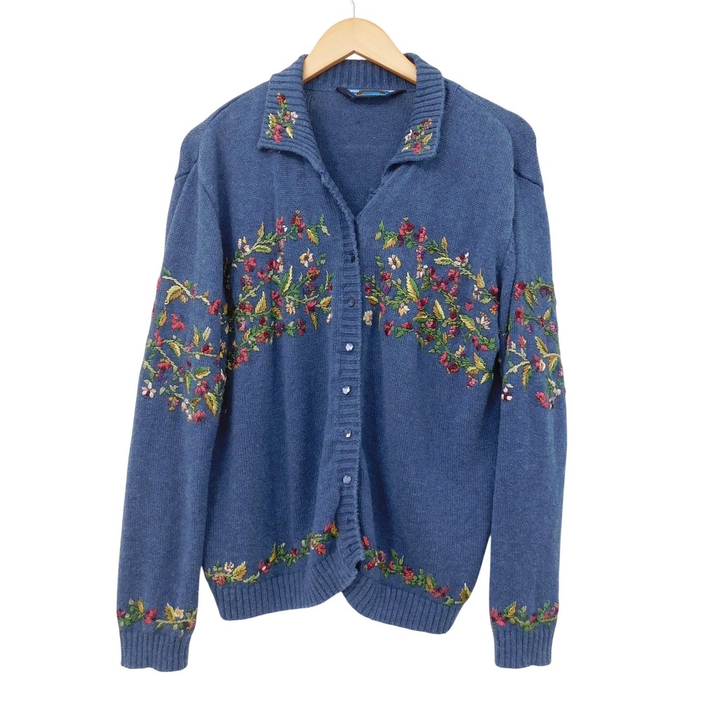 Shaver Lake Blue Floral Embroidered Button Front Knit Cardigan Sweater Womens